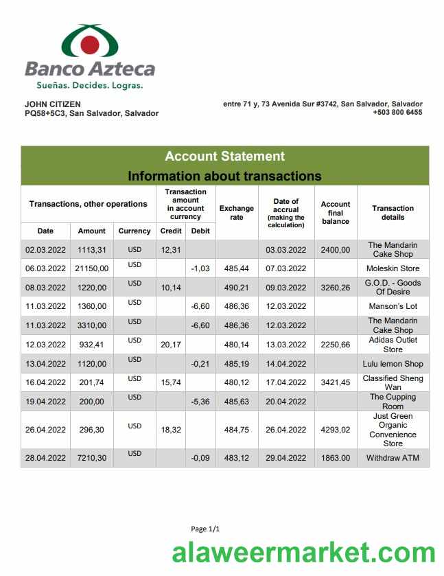 Salvador Banco Azteca bank statement